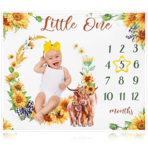 Mixweer 3 Pcs Highland Cow Monthly Baby Milestone Blanket for Girls 47" x 40'' Baby Milestone Blankets Soft Fleece Photography Background Newborn Growth Chart with Bow Headband Felt Circle(Yellow)