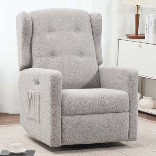 Power Swivel Rocking Recliner Chair, Electric Rocker Nursery Glider Chair, USB and Type-C Ports, Upholstered Teddy Fabric Reclining Single Sofa Chair for Living Room (Teddy Grey)