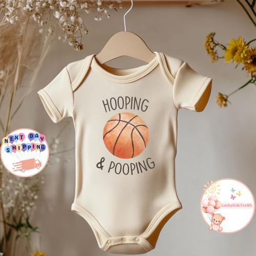 Hooping And Pooping Baby Onesie®, Funny Basketball Baby Bodysuit, Basketball Game Day Tee, Sports Kids T-Shirt, Basketball Baby Outfit