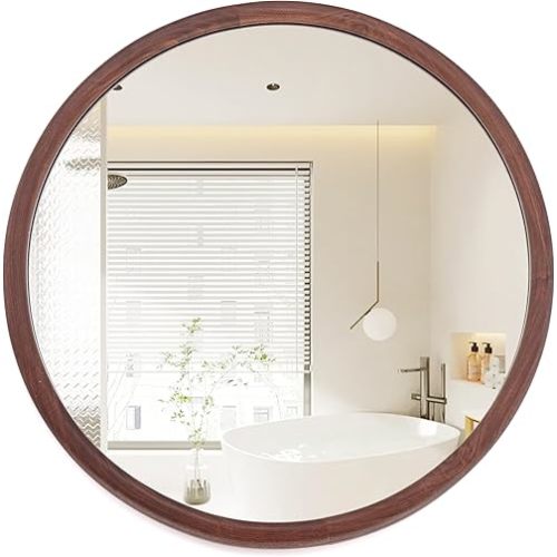 Round Wall Mounted Mirror Decorative Bathroom Walnut Wood Grain Rustic Framed Vanity Circle Mirrors 20 Inch Farmhouse Mirror Living Room Mantel Entryway Bedroom Hallways (Walnut, 20"L x 20"W)