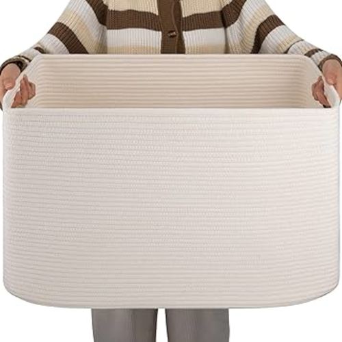 OIAHOMY XXLarge Rectangle Blanket Basket-96L, Cotton Woven Basket for Storage, Dirty Clothes Basket for Living Room, Nursery, Bedroom, Toy Organizing with Handle, 24" x 16" x 15", White