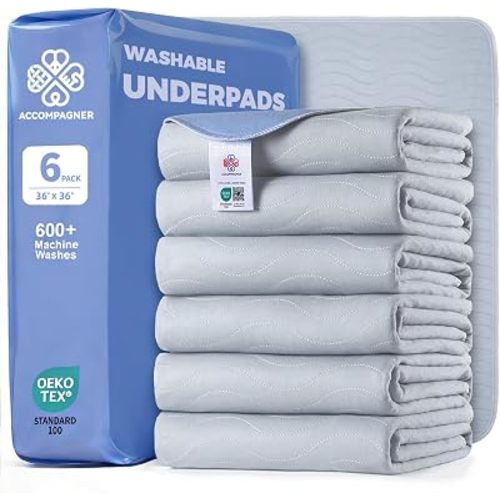 Accompagner Incontinence Bed Pads Washable Waterproof, Ultra-Absorbent Reusable Underpads for Diaper Changing, Nursing, Bedridden, Adults, Seniors, Kids and Dogs (Pearl Gray, 36"x36"(Pack of 6))