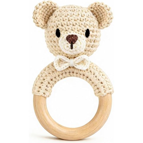 Wooden Baby Rattle, Handmade Crochet Stuffed Animal Organic Rattle Toys, Beige Bear Rattles for Babies 0-6-12 Months with Wood Teething Rings, Baby Announcements Ideas