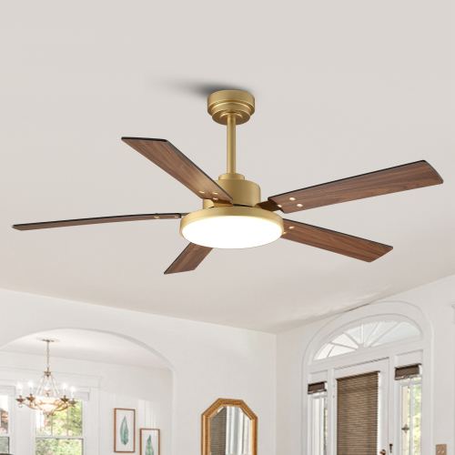VACZON 52-in Color-Changing Gold with Black/Brown Wood Blades Ceiling Fan With Light - Remote Included ( 5 -Blade )