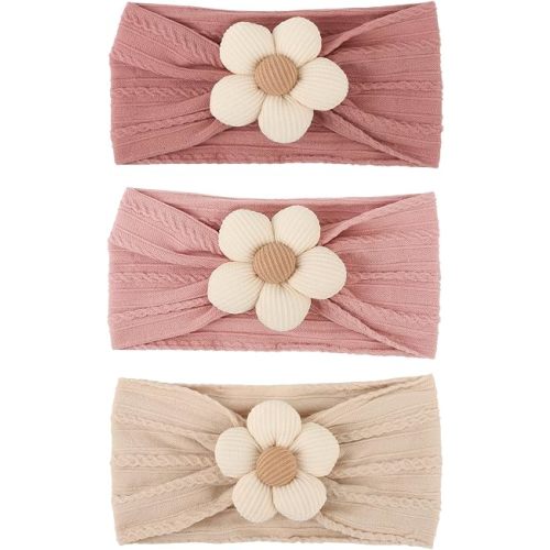 DRESHOW BQUBO Baby Flower Headbands Baby Girls Nylon Headbands Soft Stretchy Hairbands Handmade Hair Accessories for Newborn Infant Toddlers Kids Baby Essentials 3 Pcs