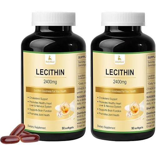 JulyDeer 2 Bottles Sunflower Lecithin 2400mg 90 Softgels Rich in Phosphatidyl Choline, Non-GMO, Soy Free, Gluten Free Supplement Nervous System Support