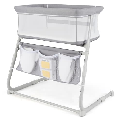 BABY JOY Bassinet, Bedside Crib w/Adjustable Height, Comfy Mattress, Full-Mesh Sides and Storage Pockets for Newborns Infants, Baby Bassinets Bedside Sleeper for Safe Co-Sleeping