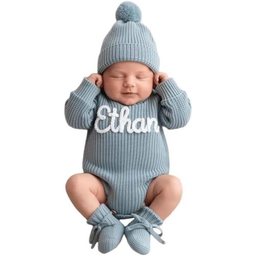 Personalized Embroidered Baby Romper Set, Custom Crochet Name Knit Sweater Cotton Newborn Coming Home Outfit