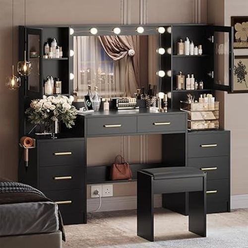 Black Vanity Desk with Mirror, Lights & Charging Station, 58.3" 3 Lighting Modes Makeup Desk with 8 Drawers, 2 Cabinets and Lots Storage, Dressing Table Vanity Set with Lighted Mirror