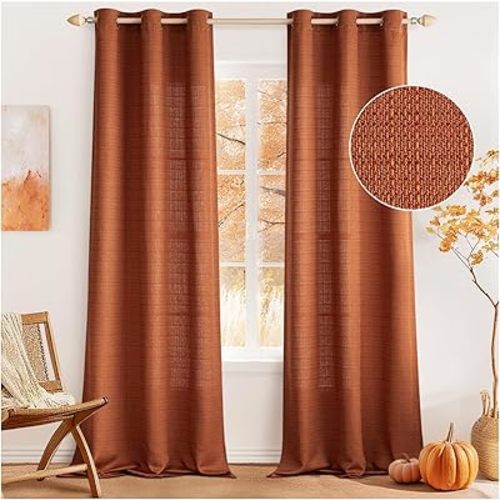MIULEE Burnt Orange Faux Linen Textured Curtains 84 Inch Length 2 Panels Set for Living Room Bedroom Farmhouse Burlap Fall Semi Sheer Grommet Top Light Filtering Window Drapes, W37xL84, Terracotta