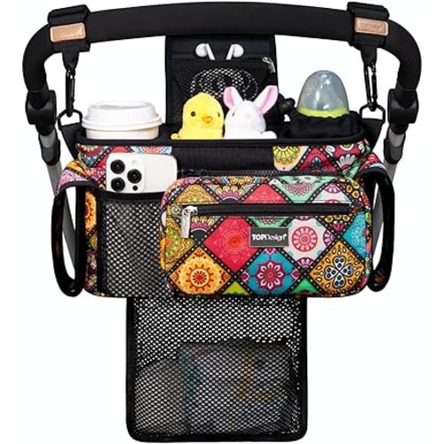 TOPDesign Universal Baby Stroller Organizer, Stroller Caddy with Detachable Mesh Bag & Heightened Insulated Cup Holders & Non-Slip Secure Hooks Accessories, Fits Most Strollers (Yoga)