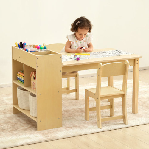 Harriet Bee Kids Art Table And 2 Chairs, Toddler Activity Table With Large Storage Shelves & Reviews | Wayfair