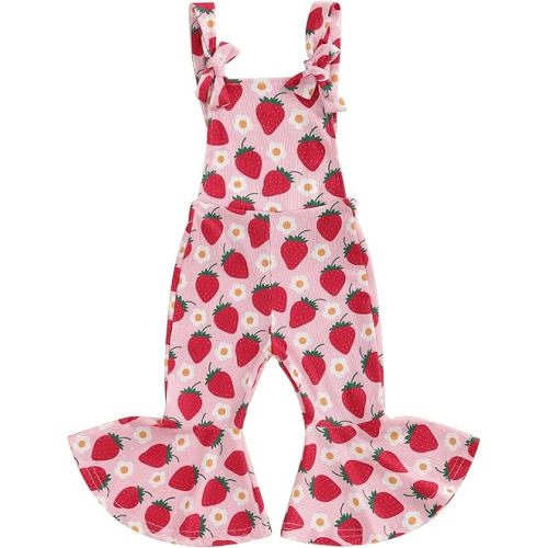 Emmababy Toddler Floral Flare Leg Jumpsuit Baby Girl Bell Bottom Romper Strawberry Suspender Overall Kids Sleeveless Playsuit