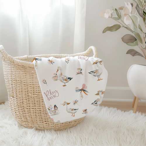 Personalized Floral Goose Baby Girl Swaddle Blanket: Cottagecore Tea Party Coquette Bows