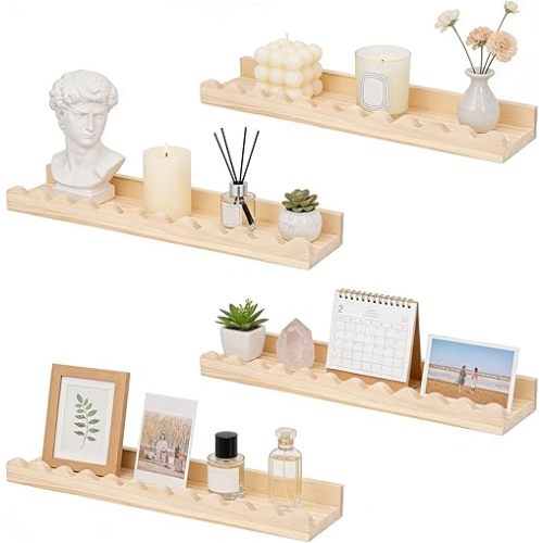 4Pack Scalloped Bookshelf, Solid Wood Nursery Book Shelves, Floating Book Shelves for Wall, Books Display Wall Bookshelf for Bedroom Kids, Toddler Room, Baby Room, Nursery Decor