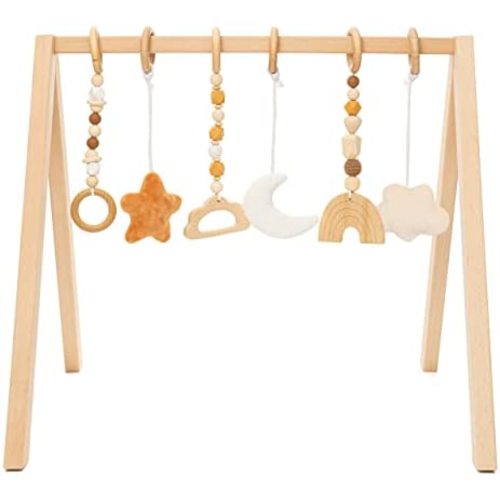 Wooden Play Gym for Baby - Baby Activity Gym for Girl or Boy with 6 Hanging Toys - Foldable Baby Play Gym Frame, Natural Wood, Cloth Toys, Cloth Bag, Easy to Pack, Boho