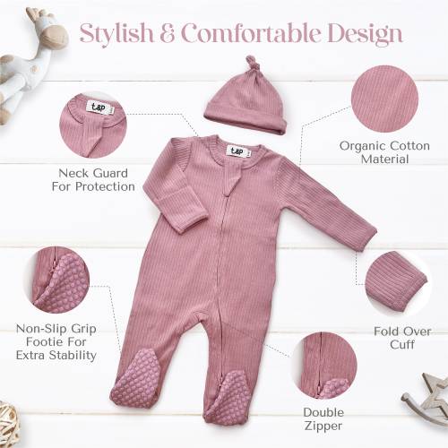 Organic Cotton Long Sleeved Footie Bodysuits with Beanies - Soft and Sustainable Baby Clothing Sets for a Cozy and Cute Look!