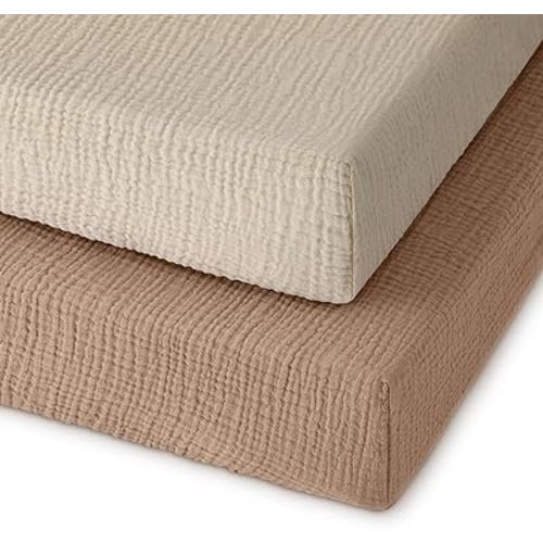 Muslin Pack and Play Sheets Fitted, 100% Cotton Mini Crib Sheets 2 Pack for Pack N Play Mattress, Stretchy Playard Sheet, Soft and Breathable Beige & Brown