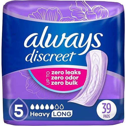 Always Discreet Adult Incontinence Pads for Women, Drier, 5 Drop Long Length, Heavy Absorbency, Pads for Bladder Control Management, Bladder Leaks, & Postpartum Pads, 39ct
