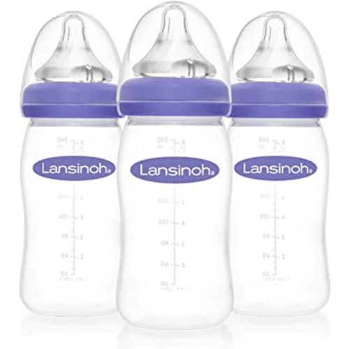 Lansinoh Anti-Colic Baby Bottles for Breastfeeding Babies, 8 Ounces, 3 Count, Includes 3 Medium Flow Nipples, Size M