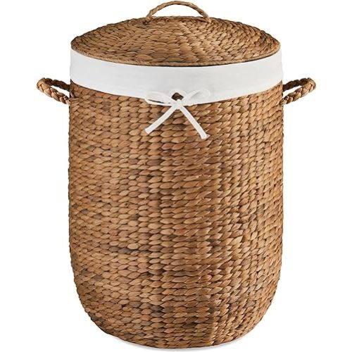 Best Choice Products Round Laundry Hamper w/Lid, Handwoven Laundry Basket, Built-in Handles & Removable Liner for Clothes, Towels, Blanket & Storage Organization - Chestnut