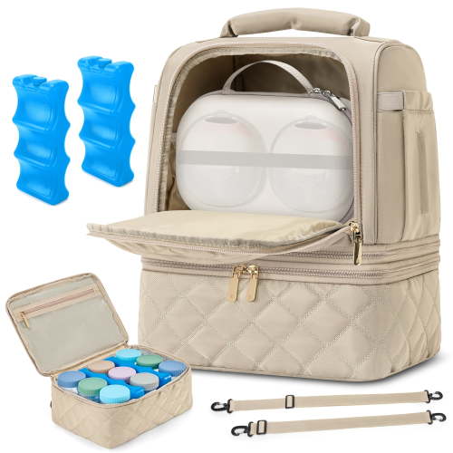 RAINSMORE Wearable Breast Pump Bag with Cooler Compartment Ice Packs Milk Bottle Storage Case Portable Cooler Tote for Breastmilk Storage,Khaki