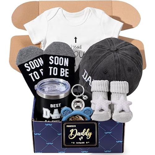 New Dad Gifts, 9 Pcs First Time Father’s Day Birthday Gifts for Men with Tumbler Hat Onesie Socks Keychain Thanks Card Gift Box, Gifts for Dad Birthday from Daughter Son
