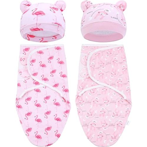 Cinaci 2 Pack Adjustable Soft Cotton Blend Newborn Baby Receiving Swaddle Blankets Sleep Sacks with Nursery Hats Caps Beanies Bonnets for Baby Girls Boys Newborns Infants