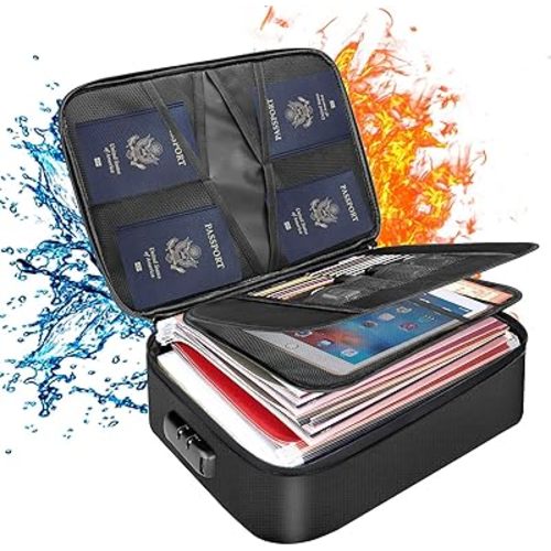 DocSafe Document Bag with Lock,Fireproof 3-Layer File Storage Case with Water-Resistant Zipper,Document Safe Portable Travel Home Organizer Bag for Laptop,Files,Certificates,Gifts for Him,Black