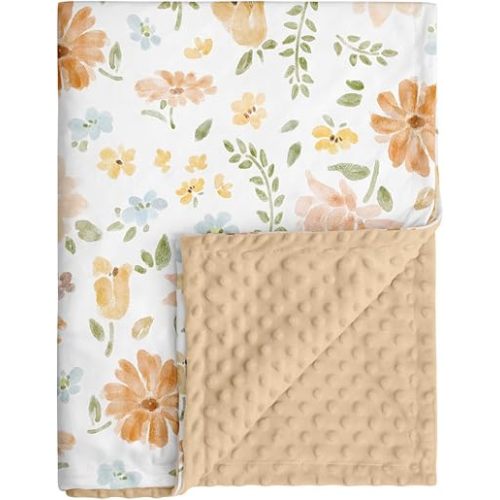 Baby Blanket for Girls, Soft Cozy Nursery Minky Blanket with Double Layer Dotted Backing for Infant Toddler in Crib Stroller, Cute Floral Orange Blanket, 30x40 Inches