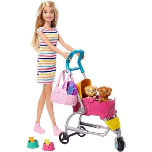 Barbie Dogwalking Doll & Accessories, Stroll & Play Pups Playset with Transforming Stroller, 2 Pets & Handbag, Blonde Doll