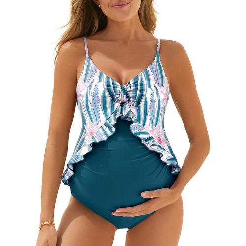 Summer Mae Maternity Swimsuit One Piece Ruffle Cutout Pregnancy Bathing Suit Lace Up Swimwear