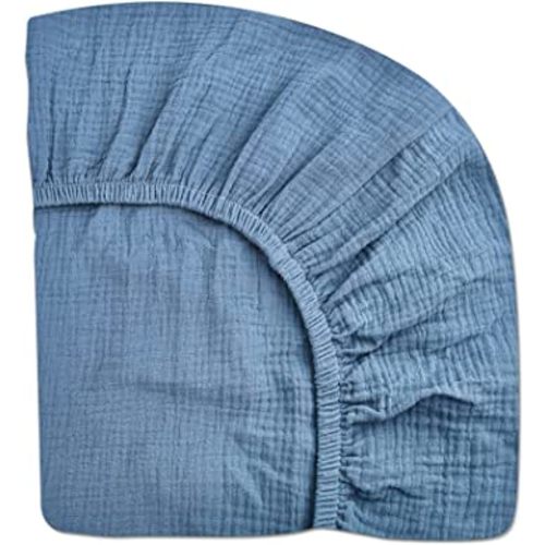 Pack and Play Sheets for Baby Boys and Girls 39"x27"x3", Neutral Muslin Cotton Pack N Play Mattresses Sheet with Boho Style, Soft and Breathable Comfort (Blue)