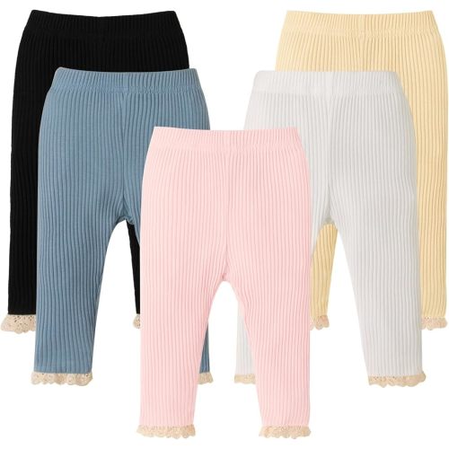 DREAM BUS 5 Pack Baby Girl Pants Toddler Girl Solid Ribbed Pants with Lace Trim Newborn Cotton Leggings Infant Jogger Pants