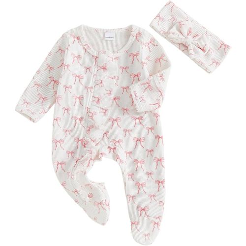 Newborn Baby Girl Coming Home Outfit Ruffle Romper Onesie Cute Ribbed Knit Jumpsuit Winter Clothes and Headband