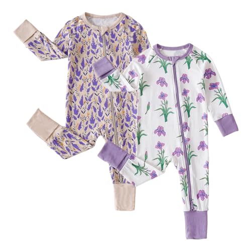 DEFAHN Baby Rayon from Bamboo Pajamas 2 Pack Footless 2-Way Zipper Sleepers | 0-24M, Soft gentle on skin, Stretchy comfort, Footless long sleeve one-piece romper, Fold-over mitten cuffs for tiny hands