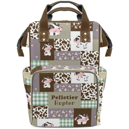 Cow Patchwork Plaid Brown Personalized Large Capacity Diaper Bags,Custom Name Backpack Casual Daypack Bag Nappy Bag Backpack Gifts for Girls Boys