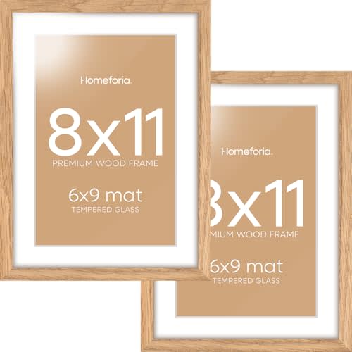 Homeforia 8x11 Picture Frame Wood, High End Natural Oak 8 x 11 Light Wooden Frames with Mat 6 by 9 inch Photo, 8by11 Frame Matted to 6x9 Art, Wall or Tabletop Frame, Tempered Glass, Wall Kit, Set of 2