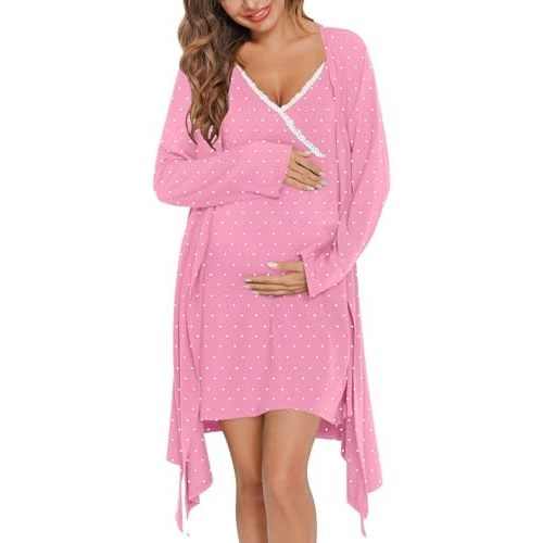 SWOMOG Womens Maternity Robe 2 Piece Nursing Nightgown for Breastfeeding 3 in 1 Labor Delivery Nursing Dress Lace Bathrobe