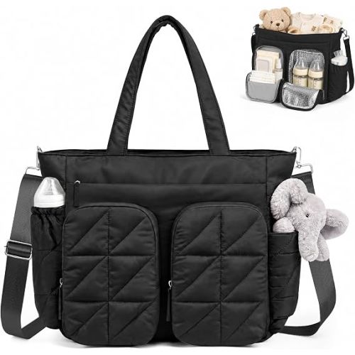 TOPEAST Diaper Bag Tote, Quilted Puffer Baby Bag with Insulated Pockets, Lightweight Hospital Bag for Mom & Dad, Travel, Work