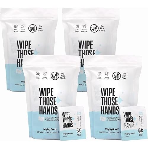 Wipe Those Hands On-The-Go Sanitizing Wipes - 4 Packs of 30 Individually Wrapped Wipes, 120 Total - Alcohol & Fragrance-Free - Kills Germs Fast - Travel Friendly