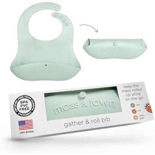 Moss and Fawn Gather & Roll Bib - Washable Waterproof Silicone Baby Feeding Bib - BPA, Lead, & PVC-Free
