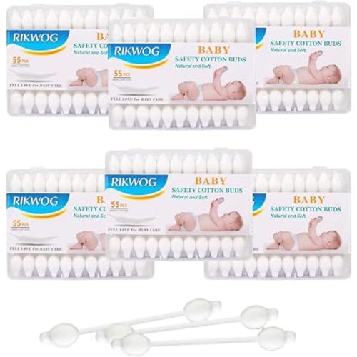 Baby Swabs by RIKWOG, 100% Large Safety Tip Cotton Swabs 330 Count (6 Pack), Organic Cotton with White Paper Sticks, Hypoallergenic Gentle Cleaning for Newborn, Baby, Infants, Kids & Toddlers