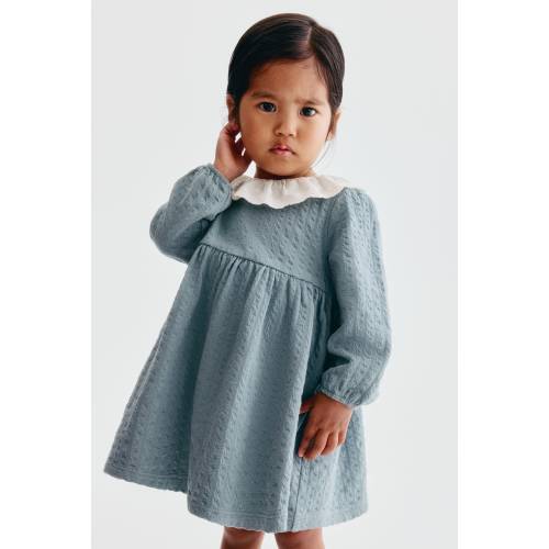TEXTURED COTTON DRESS WITH LACE COLLAR