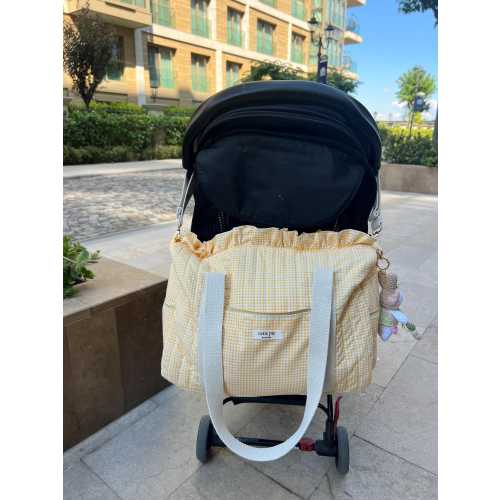 Butter Yellow Gingham Ruffle Stroller Caddy Bag / Travel Weekend Duffle Bag / Baby Shower Gift / Mother Baby Bag with Pockets