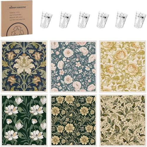 Needbrock 6 Pack William Morris Swedish Dishcloths for Kitchen,Swedish Rags Dish Towels with Clips, Reusable Paper Towel Absorbent Cellulose Sponge Cloths No Odor for Cleaning Home Kitchen