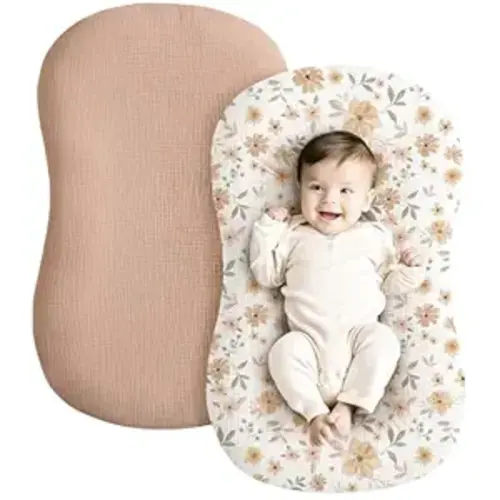 Konssy Muslin Baby Lounger Cover 2 Pack, 100% Cotton Newborn Lounger Cover, Soft and Breathable Baby Nest Slipcover for Boys Girls (Peach, Flowers)