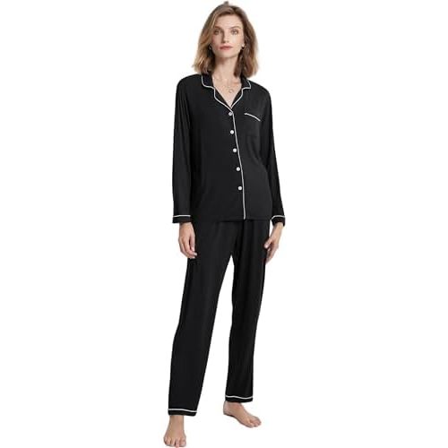 SIORO Ladies Soft Pajamas Set 2 Piece Modal Long Sleeve Loungewear for Women, Button Up Sleepwear Pj Outfits