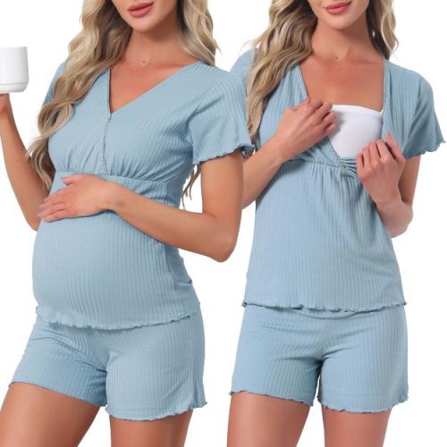 INSPIRE CHIC Maternity Pajama Sets Nursing Sets Modal Short Sleeves Postpartum Loungewear Set Breastfeeding Tops & Shorts Mesium Blue