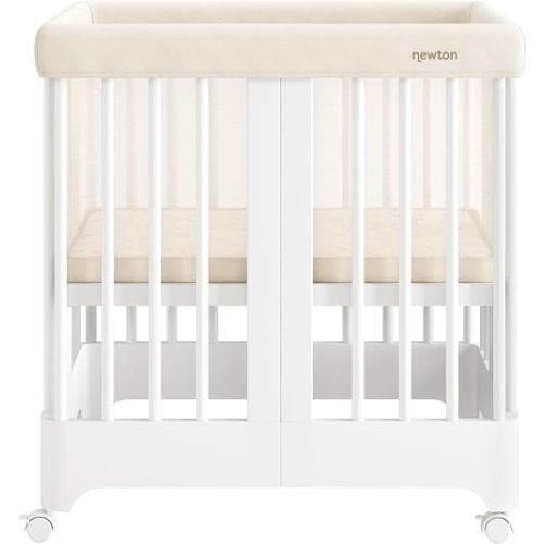 Newton Nest Convertible Crib for Baby and Toddler, Converts from Bassinet to Crib to Toddler Bed, Greenguard Gold, Solid Beech Wood Non-Toxic Finish - White, Sandstone Liner